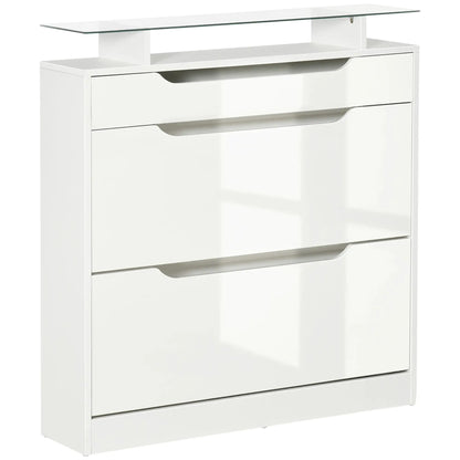 High Gloss Shoe Cabinet, 2 Flip Drawers, Adjustable Shelves, Glass Top, White Shoe Storage Cabinets & Racks at Gallery Canada