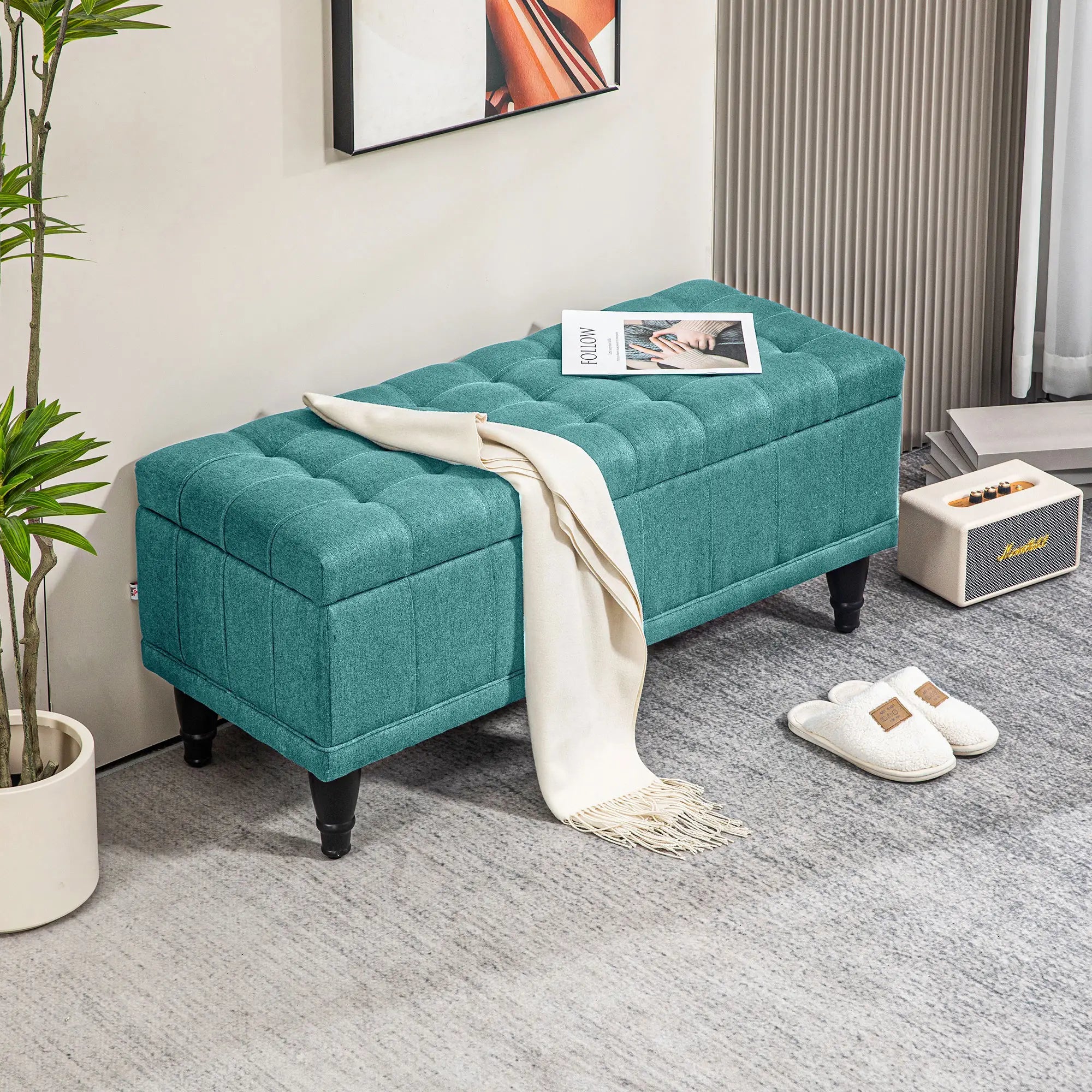 Linen Storage Ottoman, Button Tufted Bench for Bedroom, Green Storage Ottomans & Benches at Gallery Canada