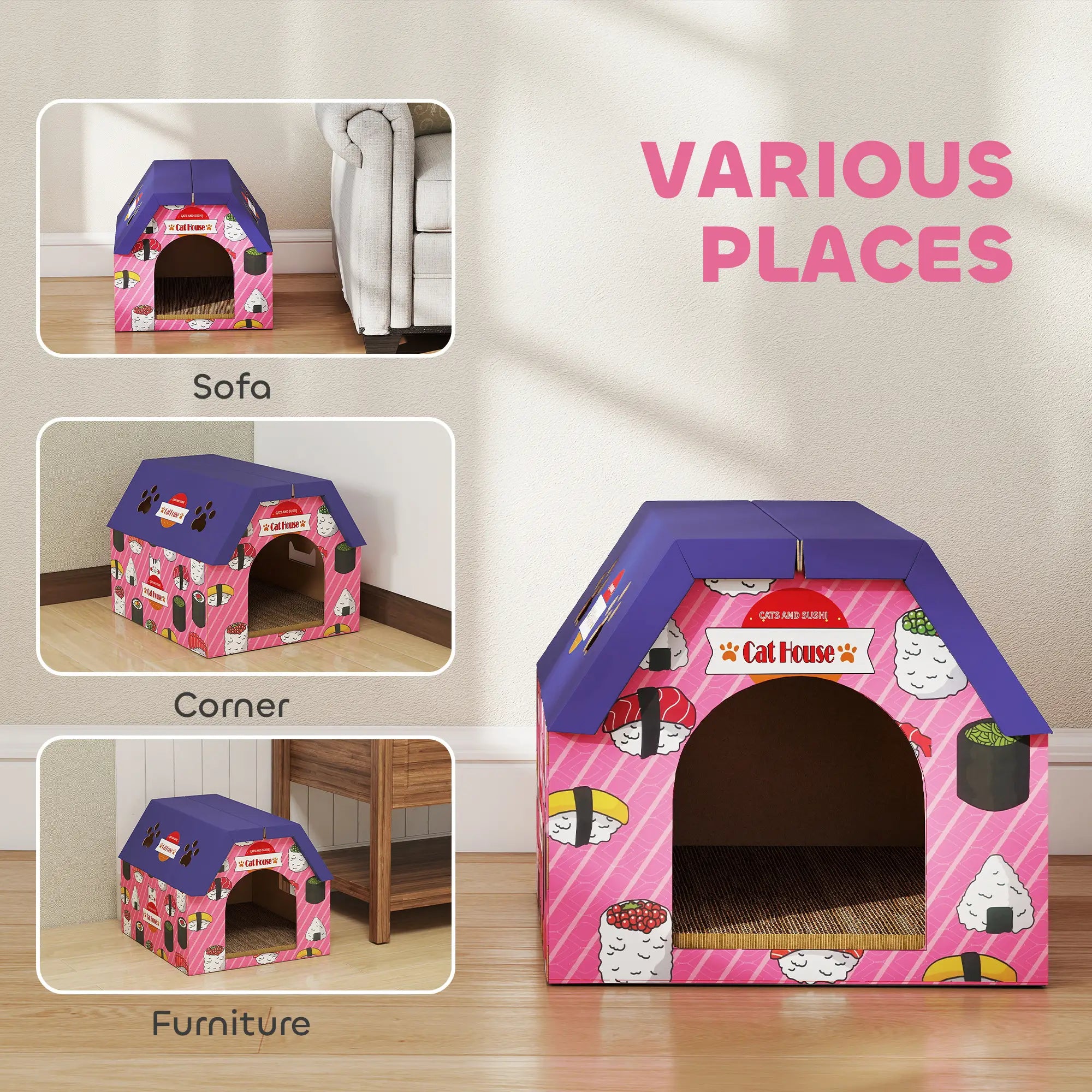 Cat Scratcher House, 2-in-1 Cardboard Scratching Pad with Door, Pink Cat Houses at Gallery Canada