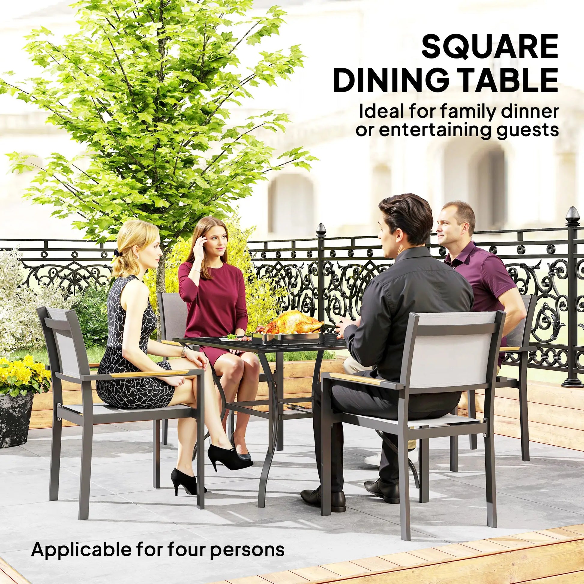 Outdoor Dining Table for Four, Square Garden Table with Slatted Metal Top, Black Patio Dinning Tables at Gallery Canada