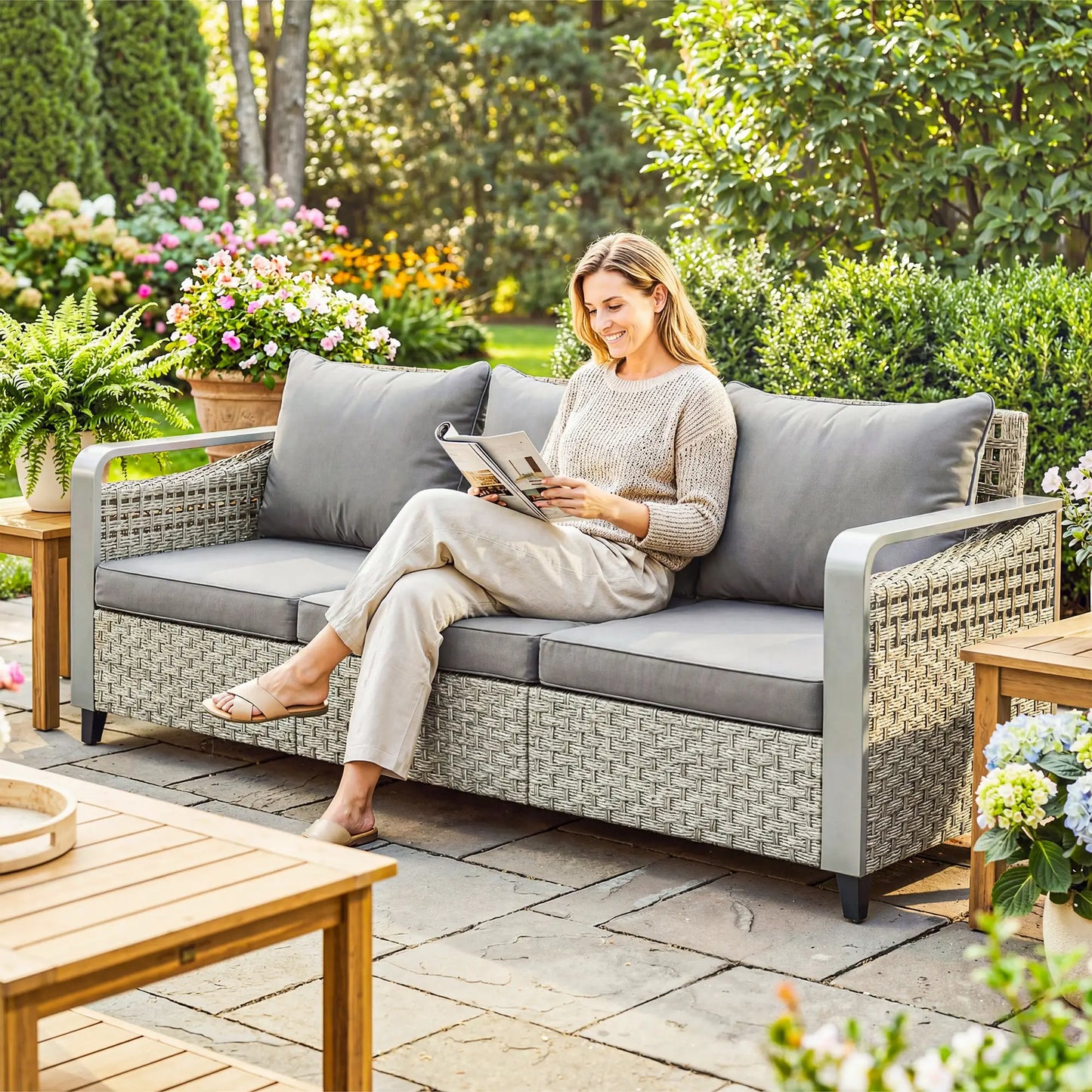 Rattan Wicker Sofa, 3-Seater Outdoor Couch With Cushions, Grey Patio Furniture Sets at Gallery Canada