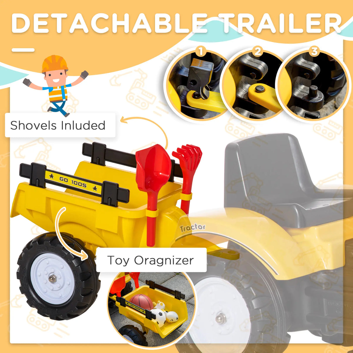 Kids Ride On Tractor, Pedal Construction Car With Trailer, 3 Year Old, Yellow Toy Excavators at Gallery Canada