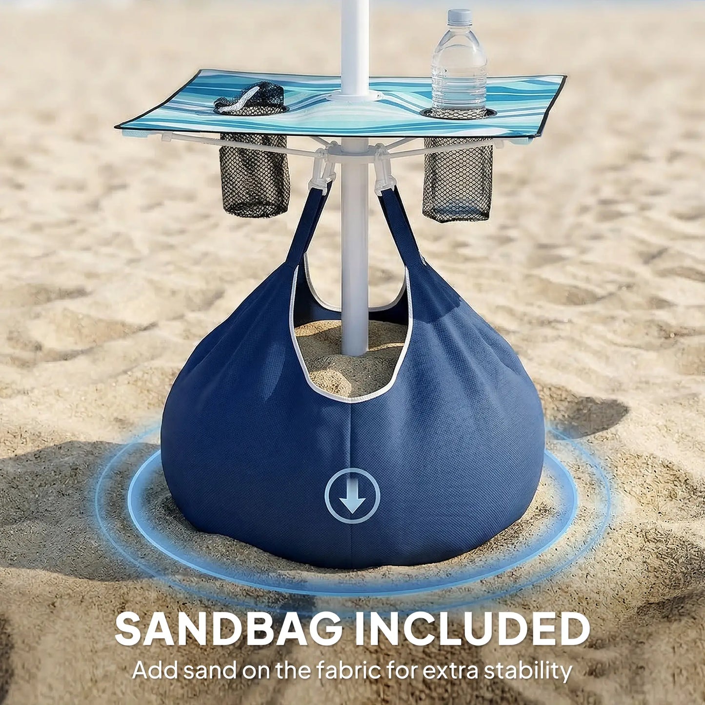 6 ft Portable Beach Umbrella With Foldable Table, Tilting Sun Shade, Dark Blue