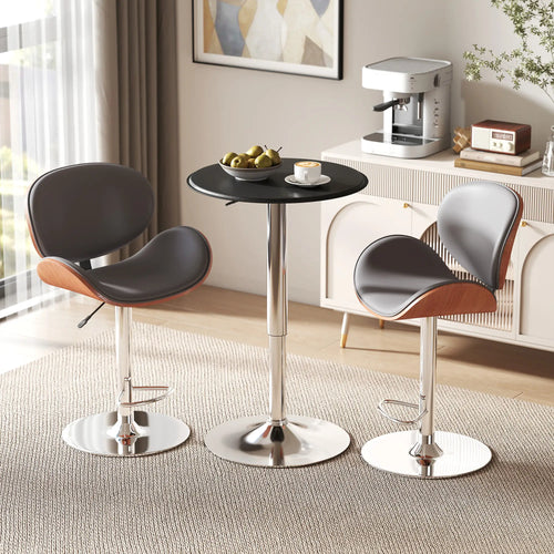Round Bar Table, Adjustable Height, Faux Leather Top, Chrome Base, Black