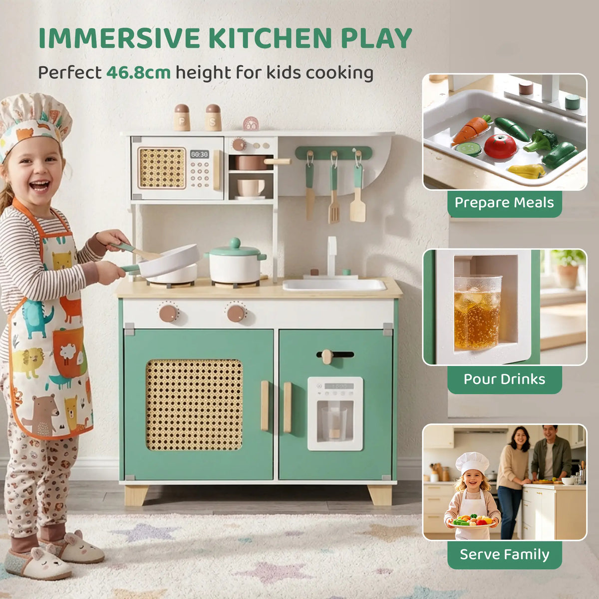 Wooden Play Kitchen Set, 19PCs, Ages 3-6, Green