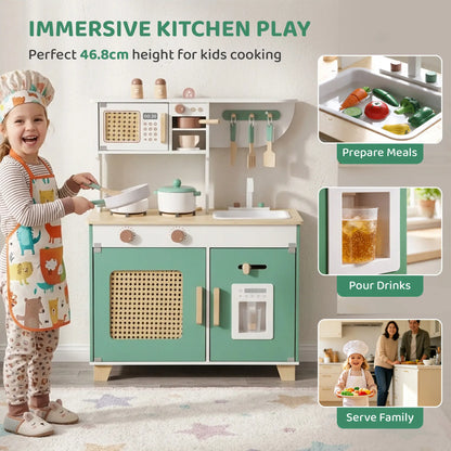 Wooden Play Kitchen Set, 19PCs, Ages 3-6, Green