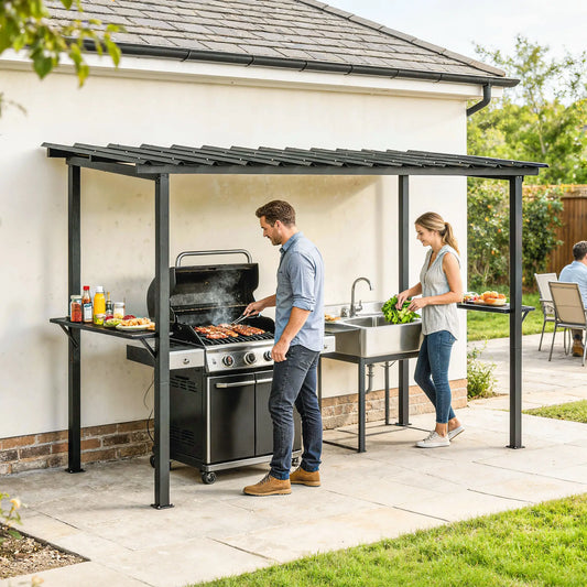 12' x 6' Hardtop Grill Gazebo, Metal Roof, 2 Side Shelves, Black BBQ Grill Gazebos Black at Gallery Canada