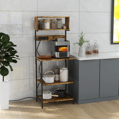Baker's Rack with Charging Station, Microwave Shelf, Rustic Brown Storage Cabinets at Gallery Canada