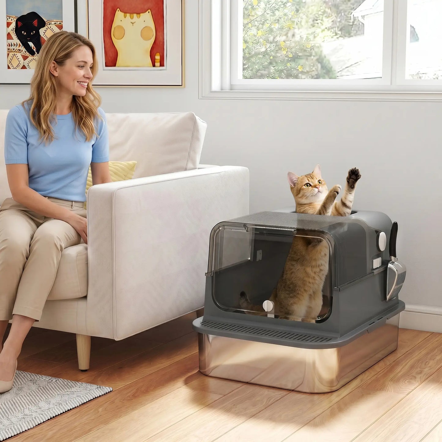 Bac à litière pour chat en acier inoxydable XXL, fermé, côtés hauts, noir