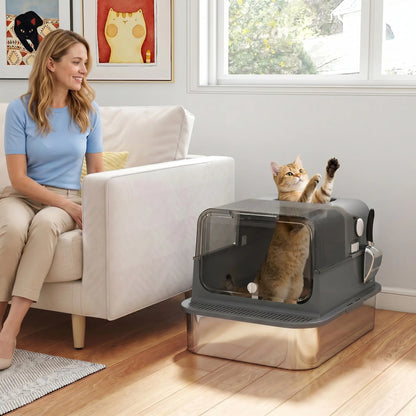 Bac à litière pour chat en acier inoxydable XXL, fermé, côtés hauts, noir