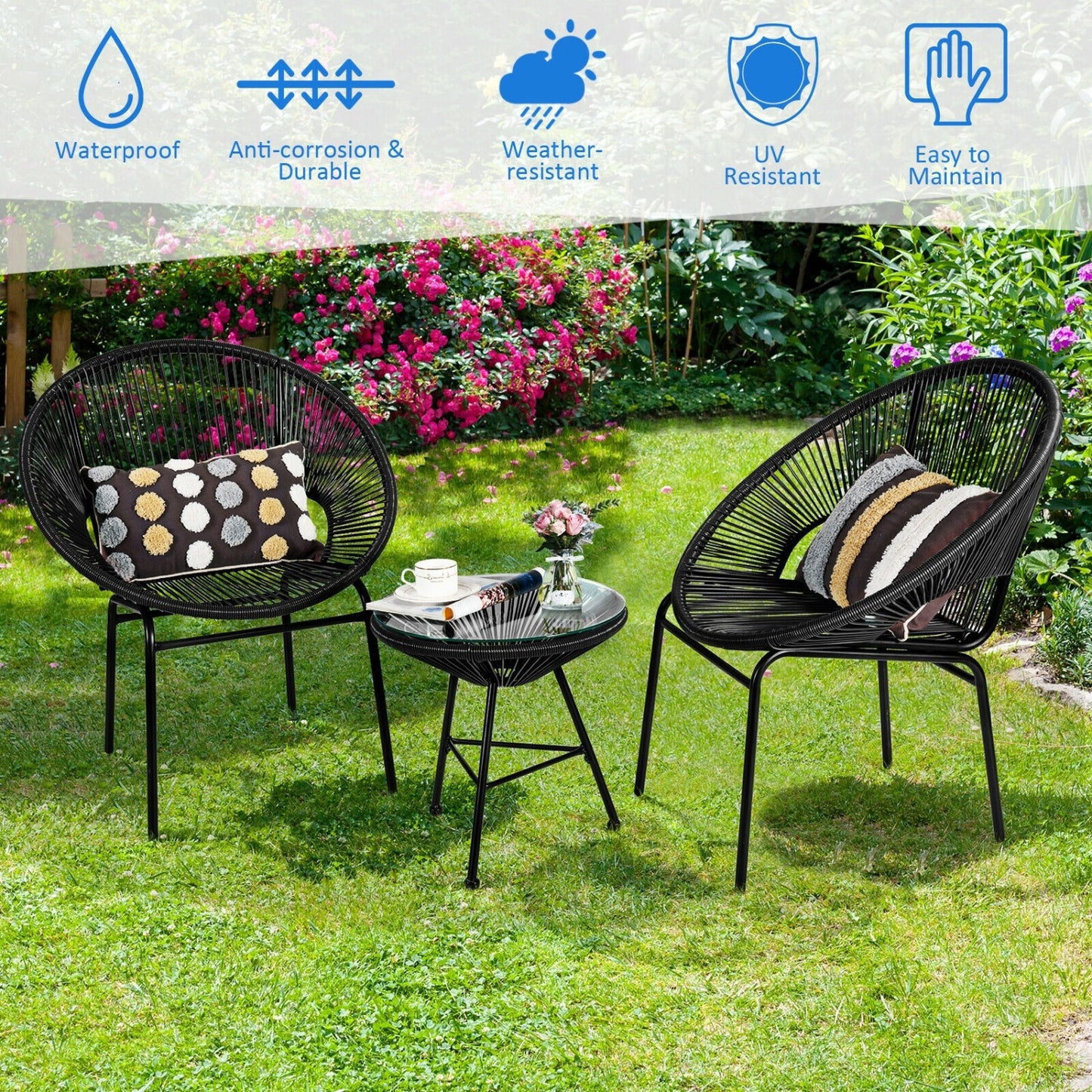 3PCS Patio Acapulco Bistro Set, Glass Table, Black Patio Conversation Sets at Gallery Canada