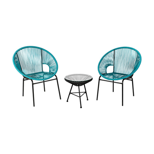 3PCS Patio Acapulco Bistro Set, Glass Table, Turquoise