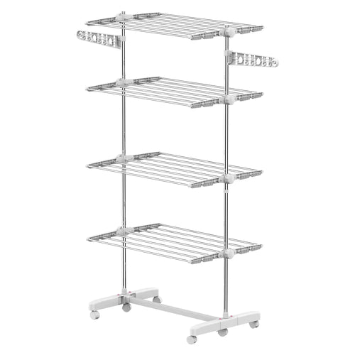 Stainless Steel Folding Clothes Drying Rack, Side Wings, Castors, Indoor Outdoor, White
