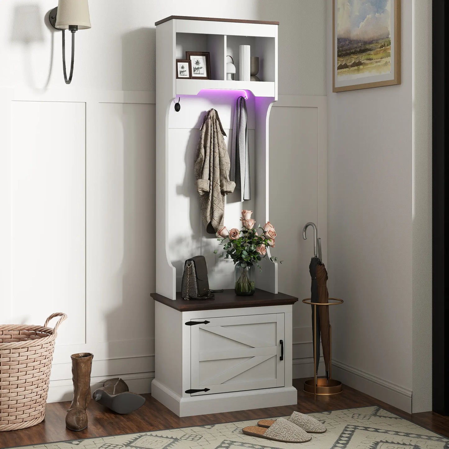 3-in-1 Hall Tree, LED Lights, Bench, Coat Rack, Shoe Storage, White Wood Grain, White Clothing Storage at Gallery Canada