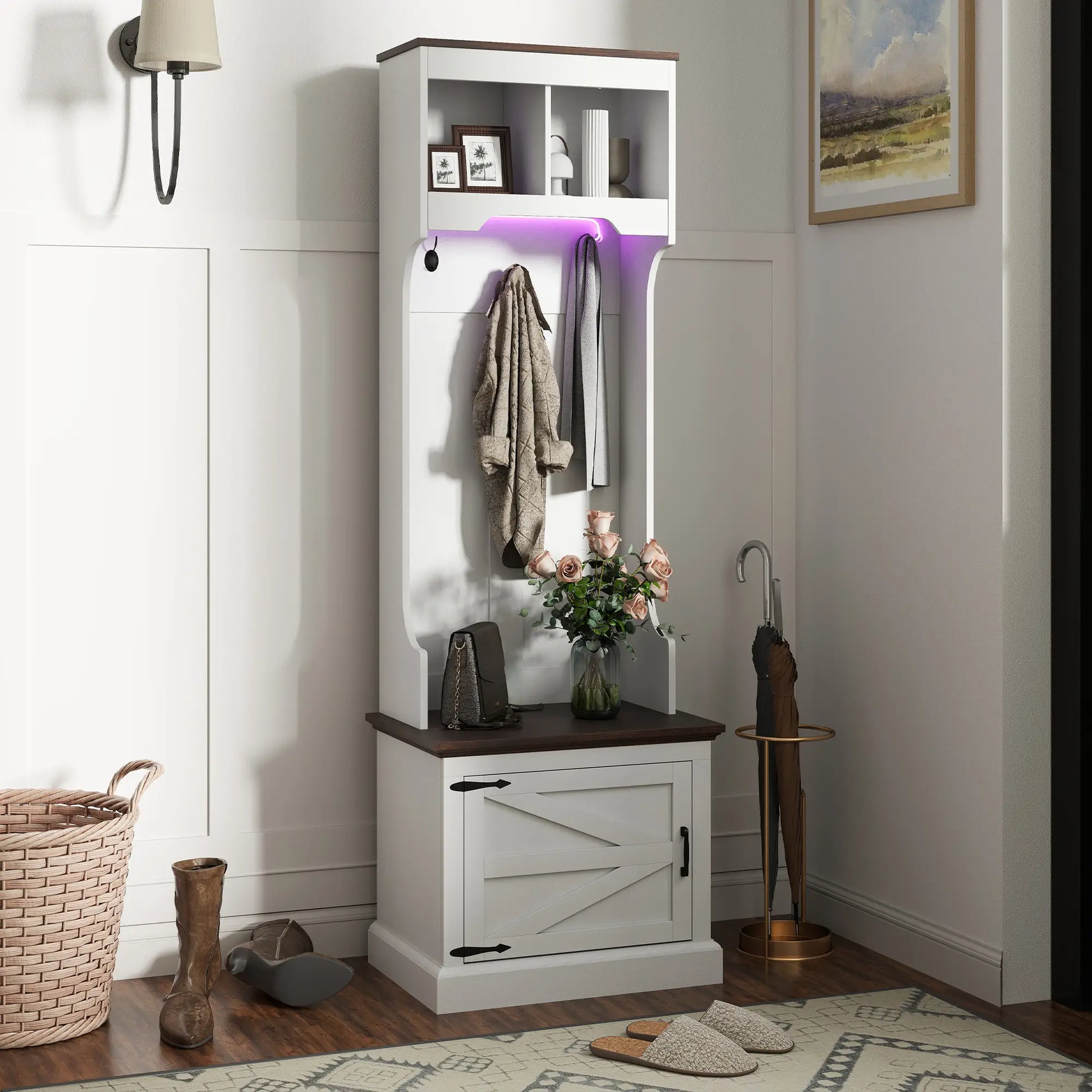 3-in-1 Hall Tree, LED Lights, Bench, Coat Rack, Shoe Storage, White Wood Grain, White Clothing Storage at Gallery Canada