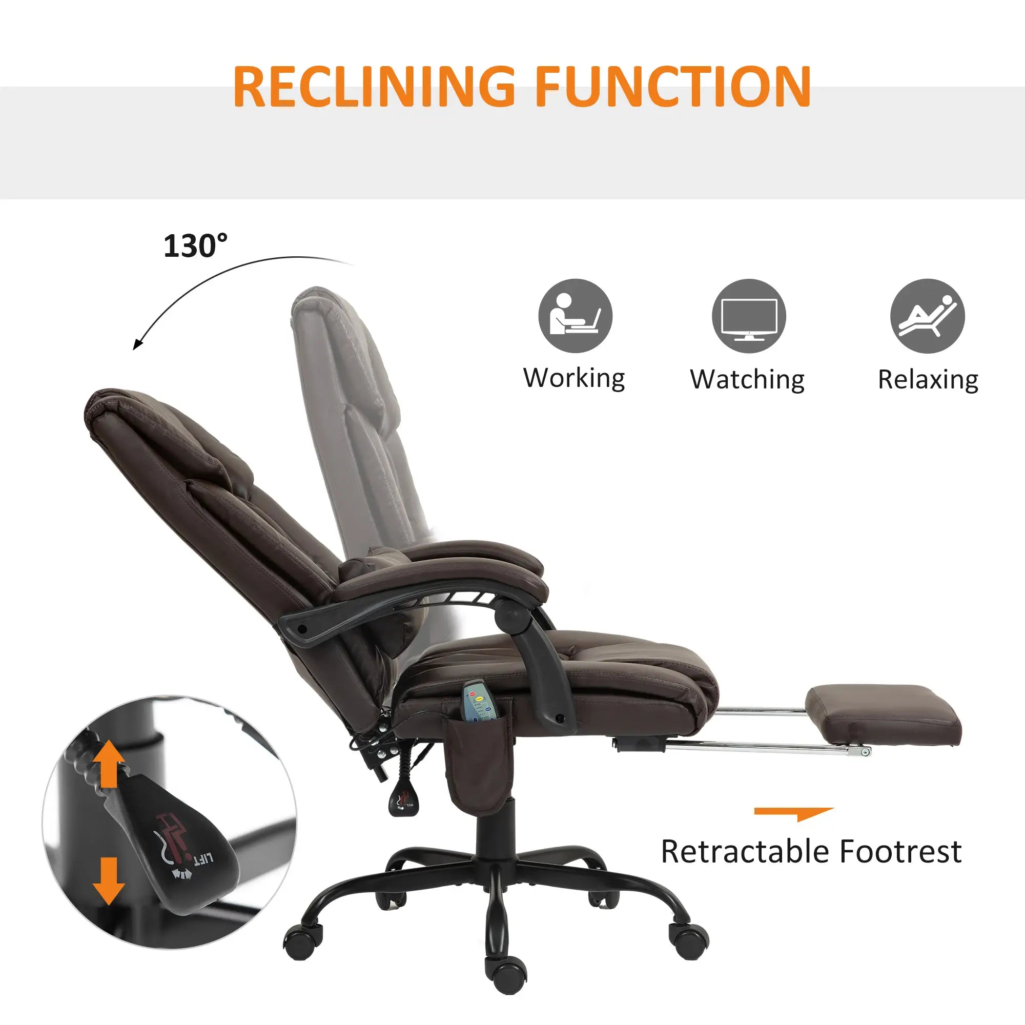 6-Point Vibration Massage Chair, Height Adjustable, Reclining, Brown Executive & Manager Chairs at Gallery Canada