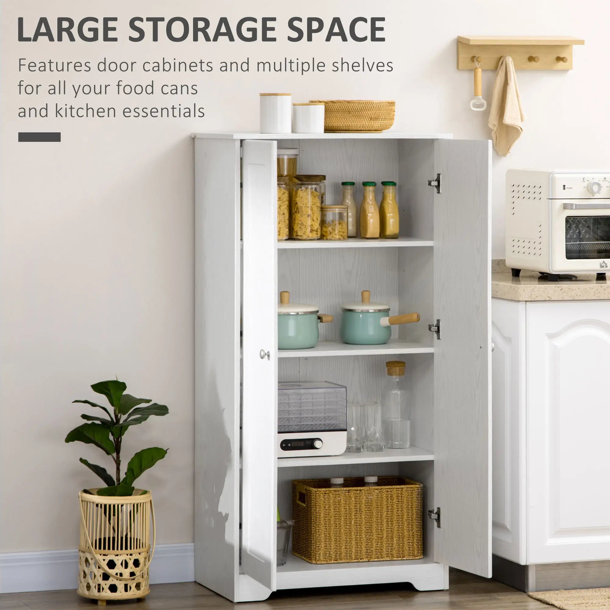 Kitchen Storage Cabinet, 2 Door Pantry with Adjustable Shelves, Distressed White, White Storage Cabinets at Gallery Canada