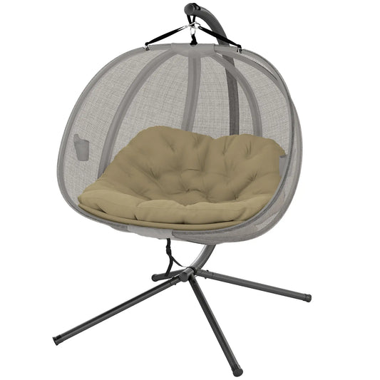 Double Egg Chair with Stand, 2 Person Hanging Swing, Khaki Patio Swings with Stand Brown, Khaki, Black at Gallery Canada