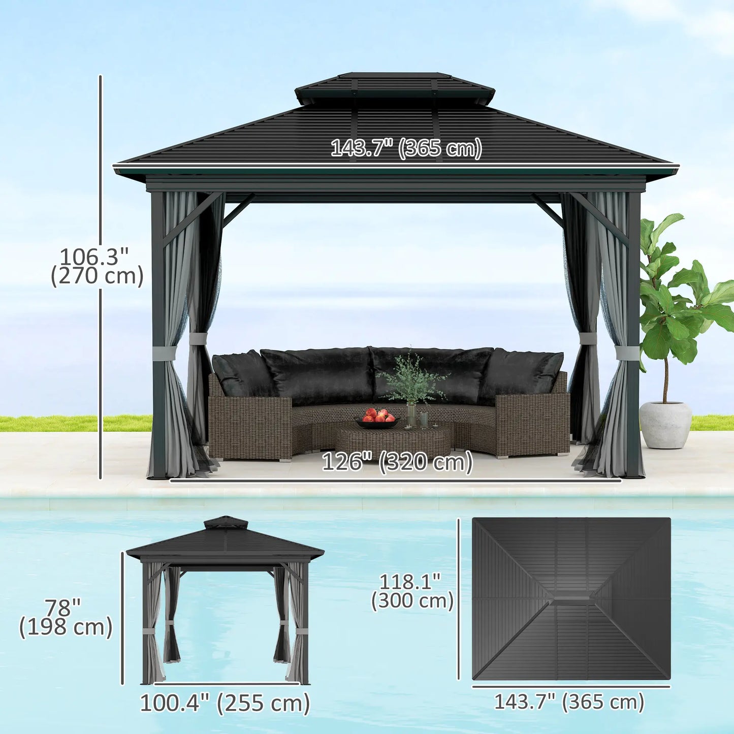 10' x 12' Hardtop Gazebo, Sun Shelter, Metal Roof, Mosquito Net, Light Grey Gazebos at Gallery Canada