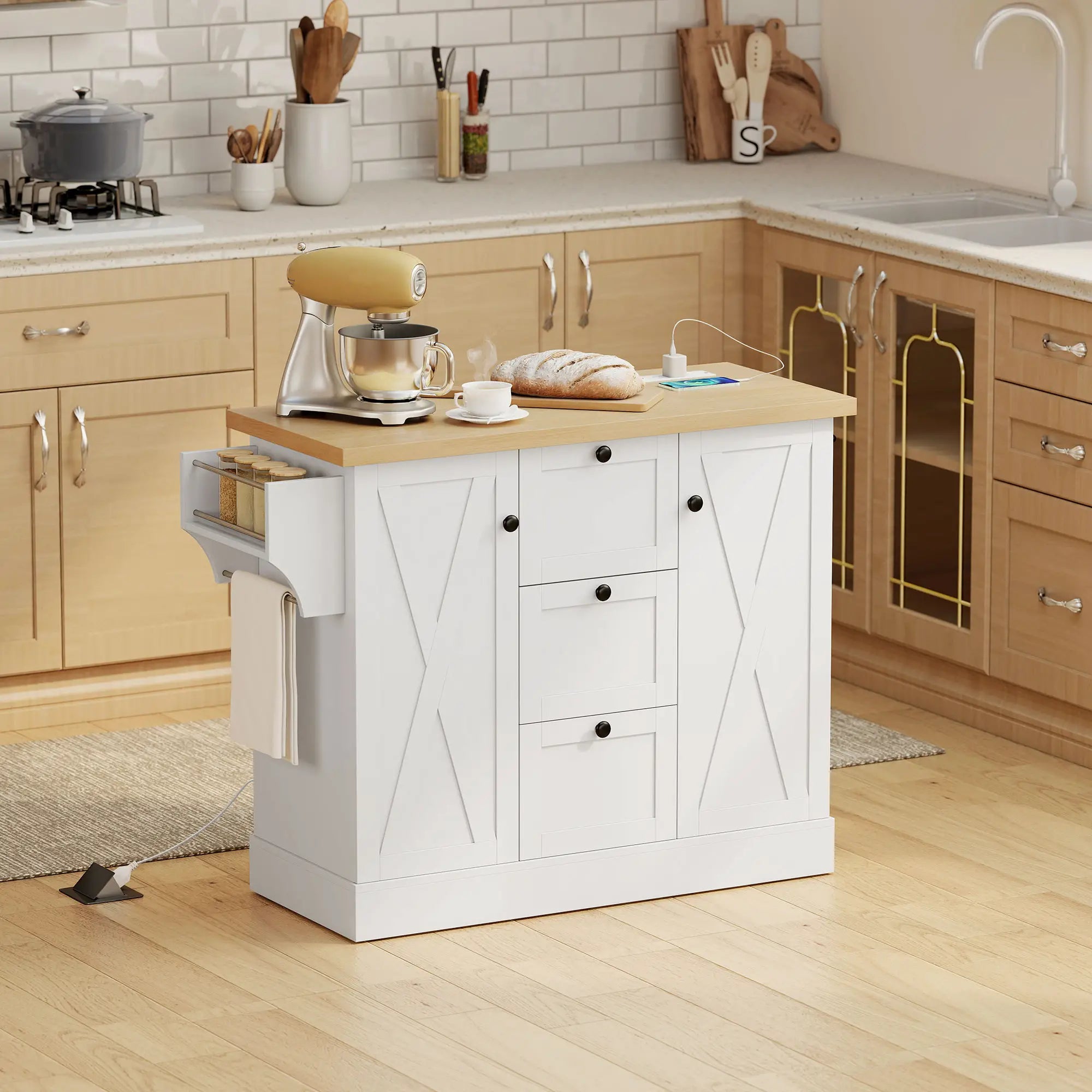Farmhouse Kitchen Island Cart with Power Outlet, 49 Inch, White Kitchen Islands & Kitchen Carts at Gallery Canada