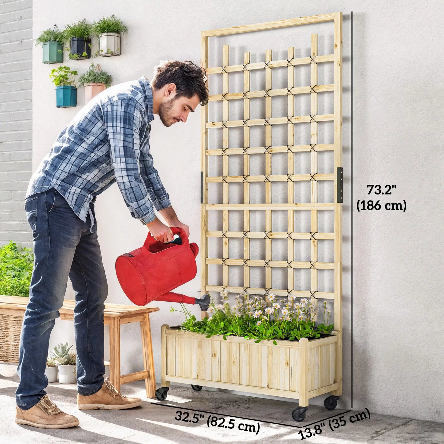 Wooden Planter With Trellis, Raised Garden Bed With Wheels, Drainage Holes