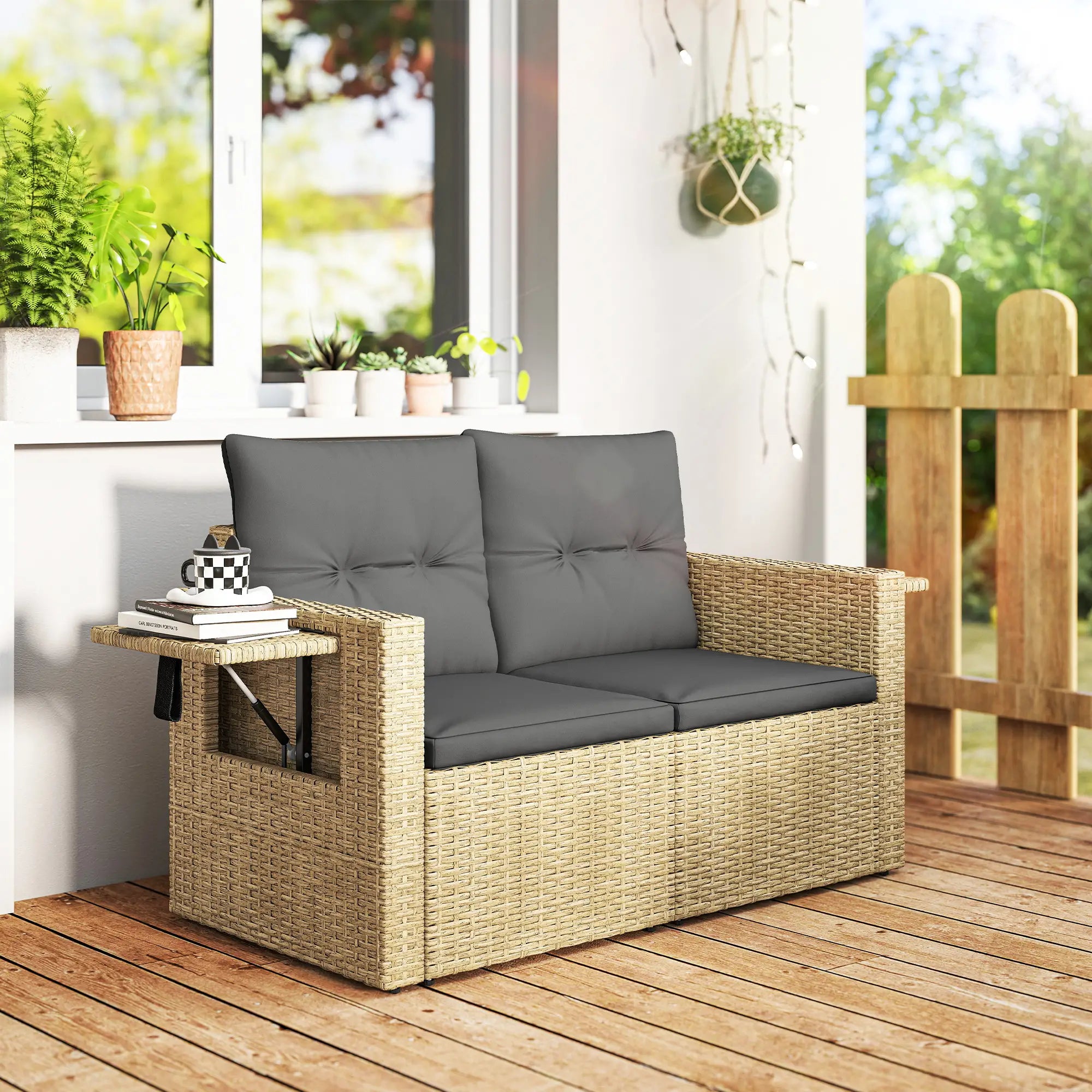 Wicker Outdoor Sofa With Side Trays, With Cushions, Light Grey Patio Furniture Sets at Gallery Canada