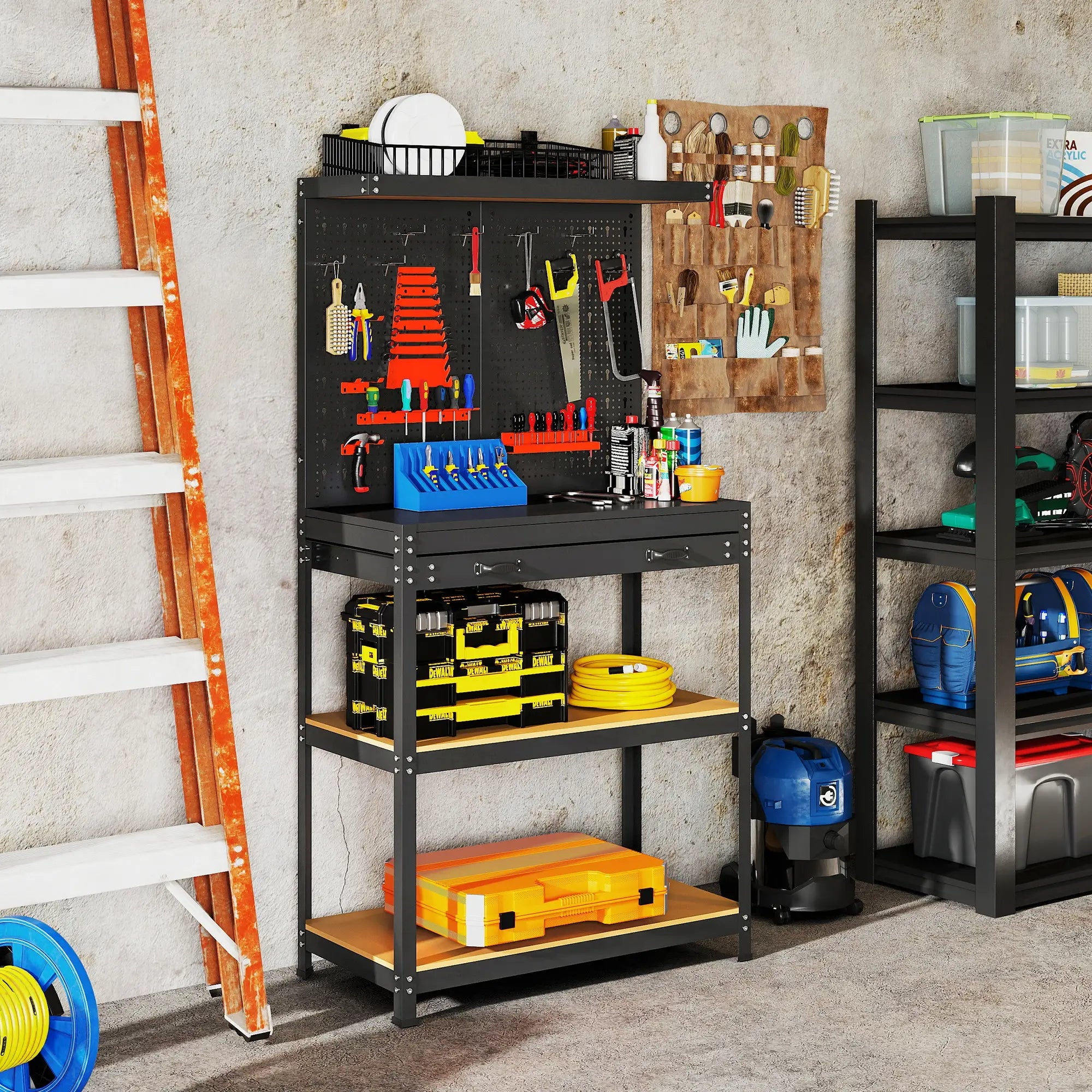 31.5 Inch Workbench with Pegboard, 2 Shelves, Drawer, Black Tool Organizers at Gallery Canada