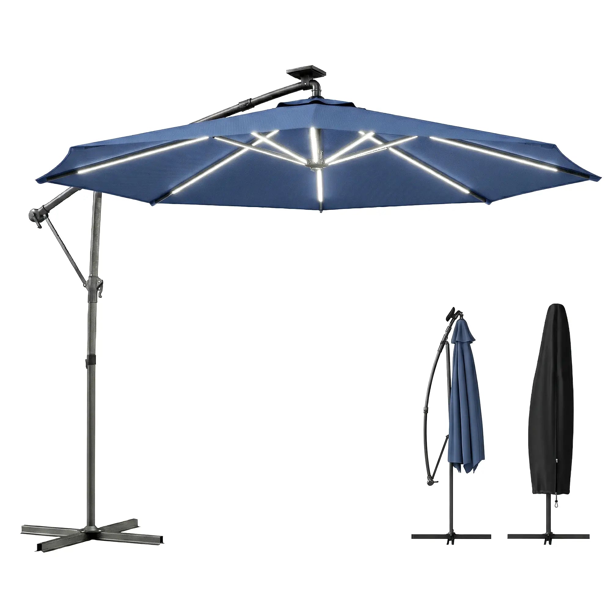 10 ft Offset Patio Umbrella, Solar Light, 360° Rotation, Tilt, Cover, Navy Blue Offset Cantilever Umbrellas Navy Blue at Gallery Canada