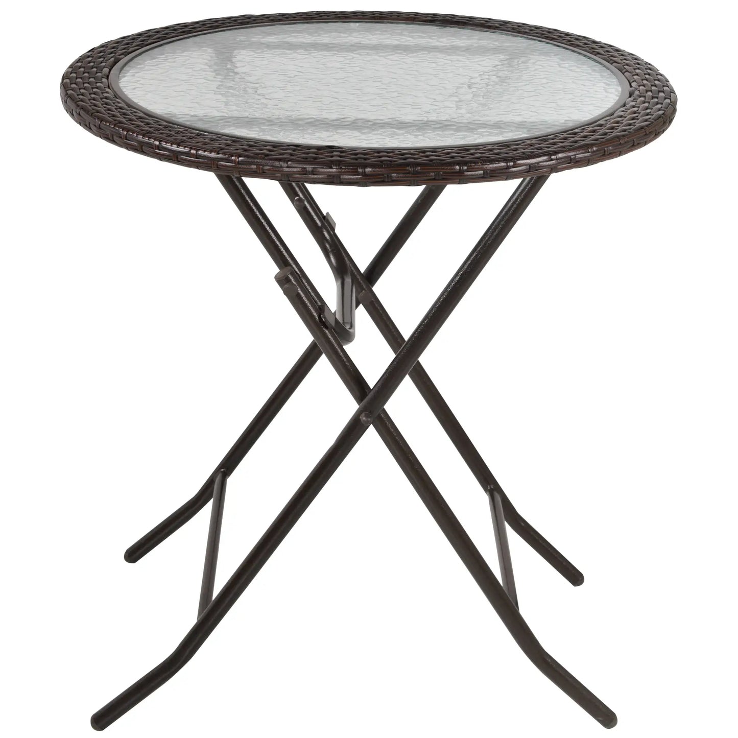 26.8" Folding Round Tempered Glass Table, Brown Rattan Edging, Brown Patio Side Tables Brown at Gallery Canada