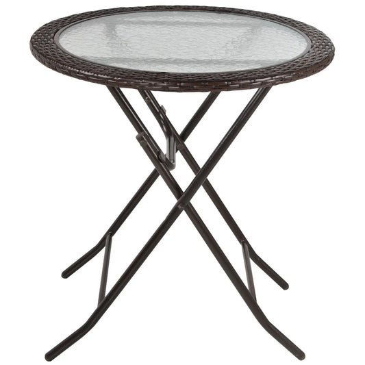 26.8" Folding Round Tempered Glass Table, Brown Rattan Edging, Brown Patio Side Tables Brown at Gallery Canada