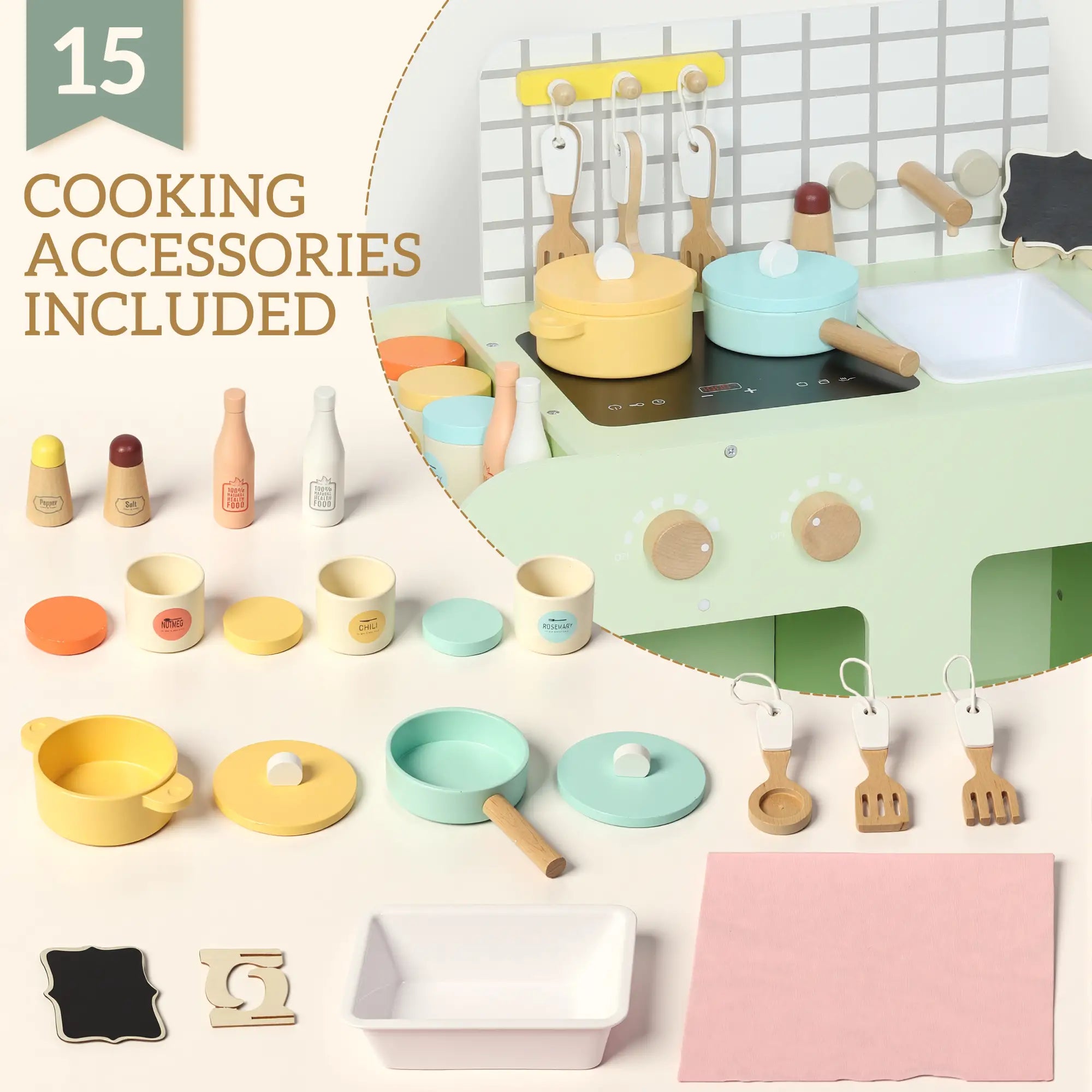 Kids Kitchen Playset, 15 Accessories, Microwave, Cabinets, Ages 3+, Green Play Kitchen at Gallery Canada