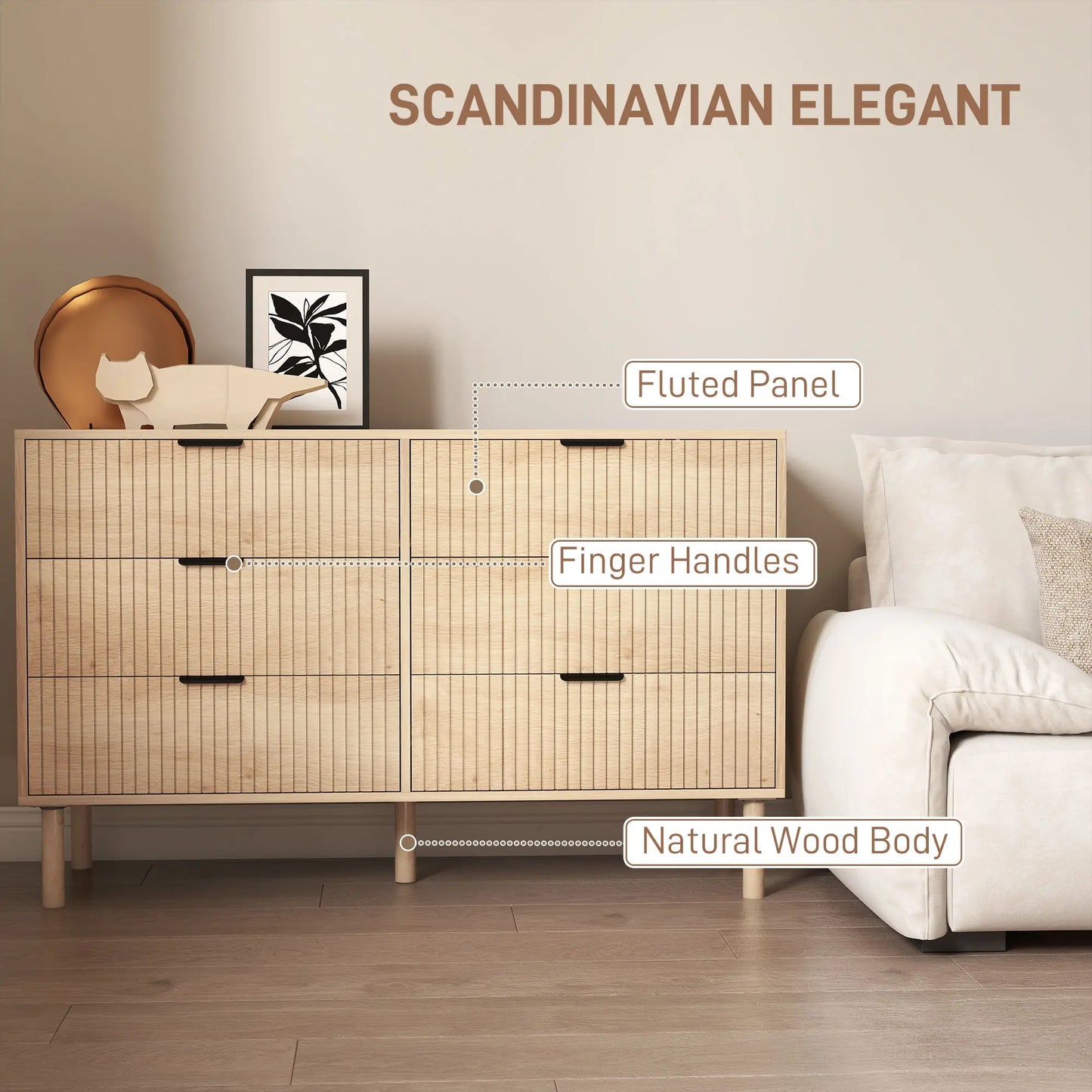 6 Drawer Dresser, Fluted Panels, Solid Wood Legs, Oak Storage Cabinets at Gallery Canada
