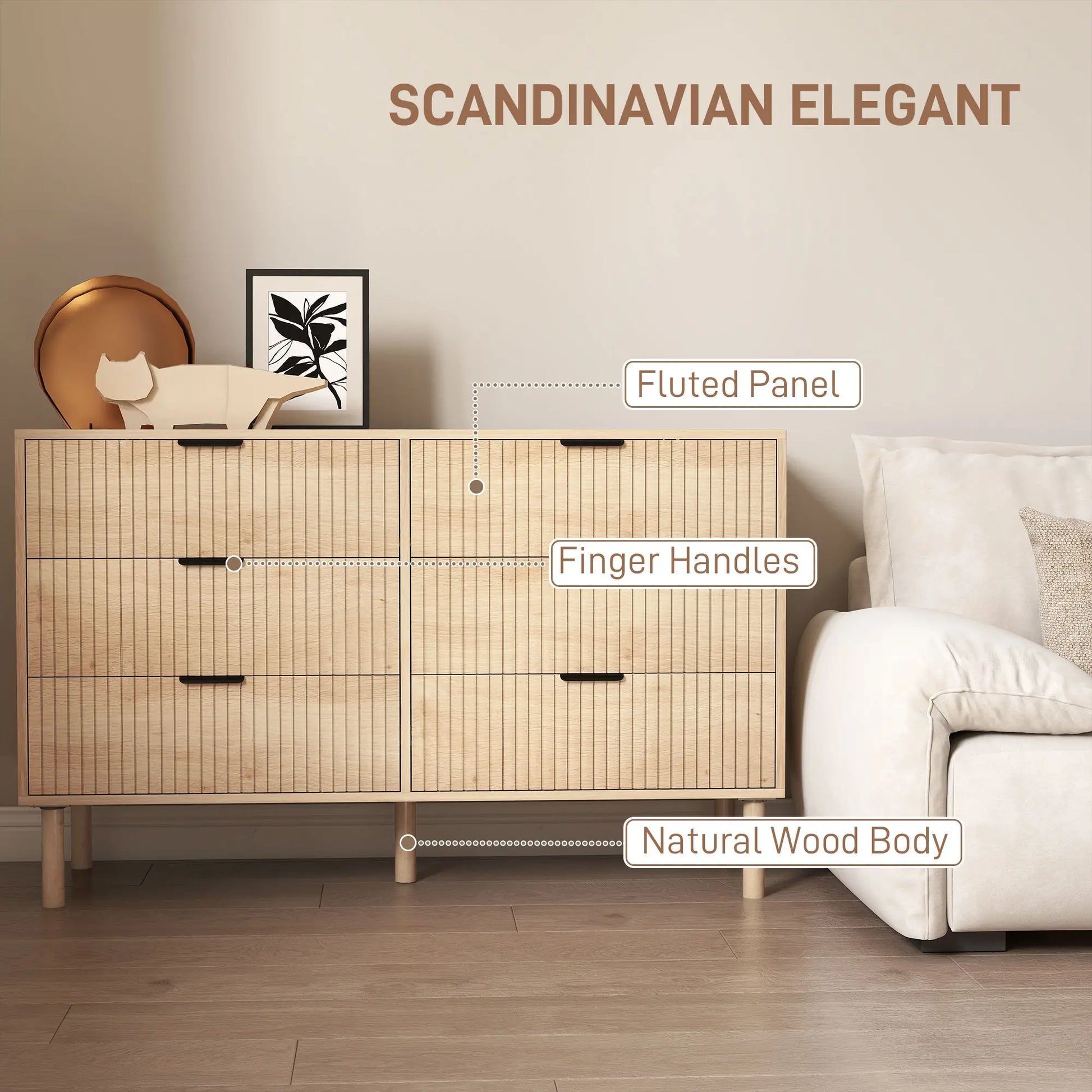 6 Drawer Dresser, Fluted Panels, Solid Wood Legs, Oak Storage Cabinets at Gallery Canada