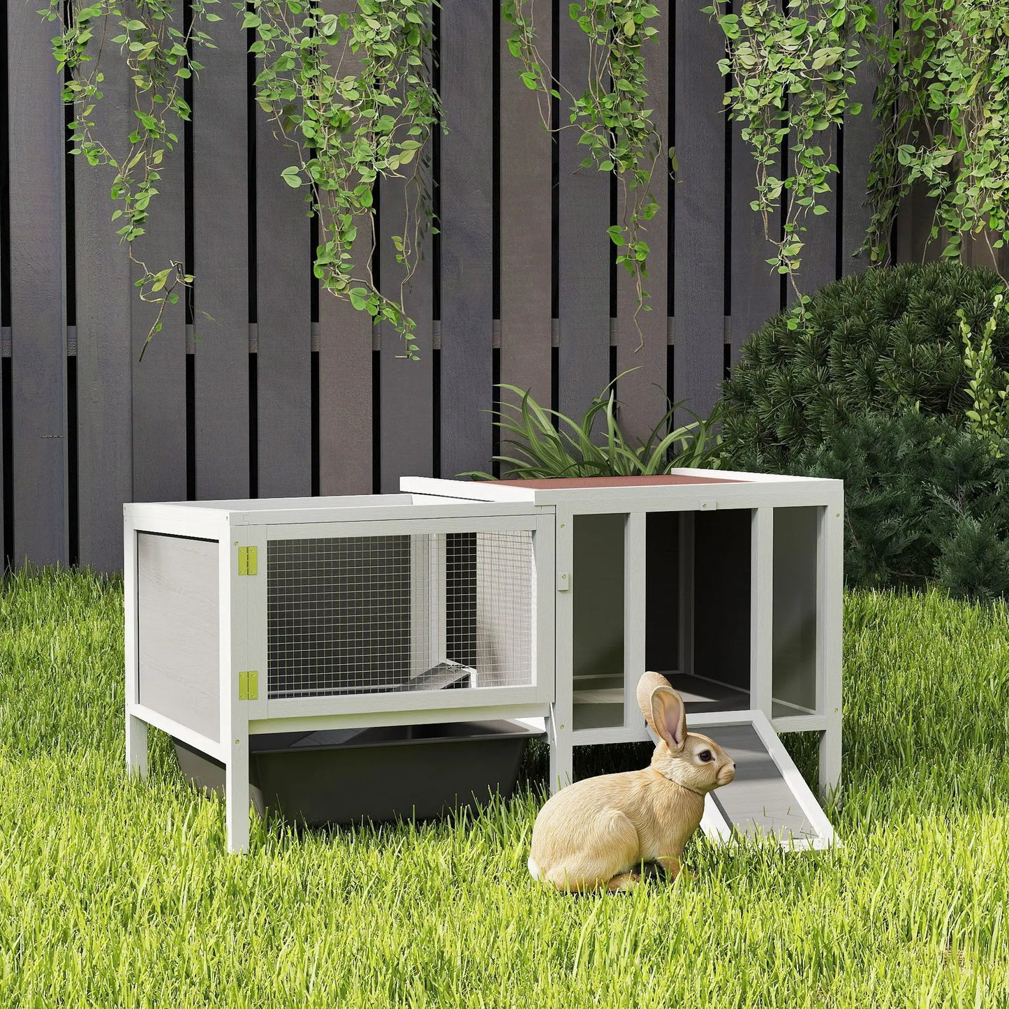 Wooden Rabbit Hutch With Run, Openable Top, Pull Out Tray, Ramp, Water-Resistant Roof, Grey