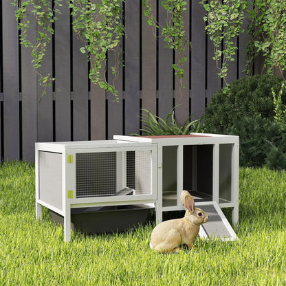 Wooden Rabbit Hutch With Run, Openable Top, Pull Out Tray, Ramp, Water-Resistant Roof, Grey