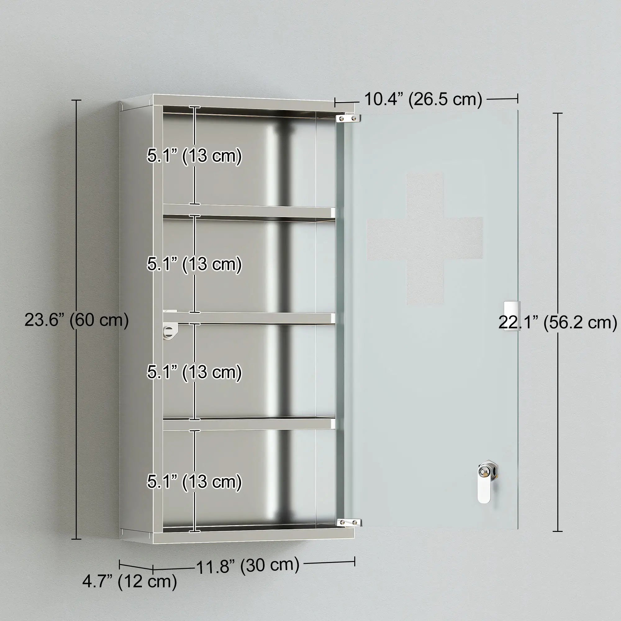 Wall Mount Medicine Cabinet, 4 Tier Shelves, Stainless Steel Frame, Glass Door, Lockable, 12