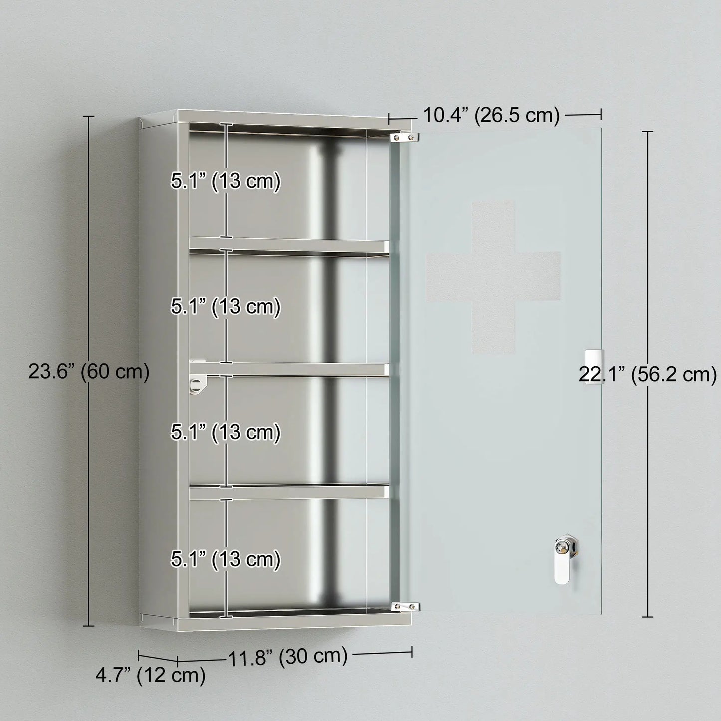 Wall Mount Medicine Cabinet, 4 Tier Shelves, Stainless Steel Frame, Glass Door, Lockable, 12" x 23.5", Silver Mirror Medicine Cabinets at Gallery Canada