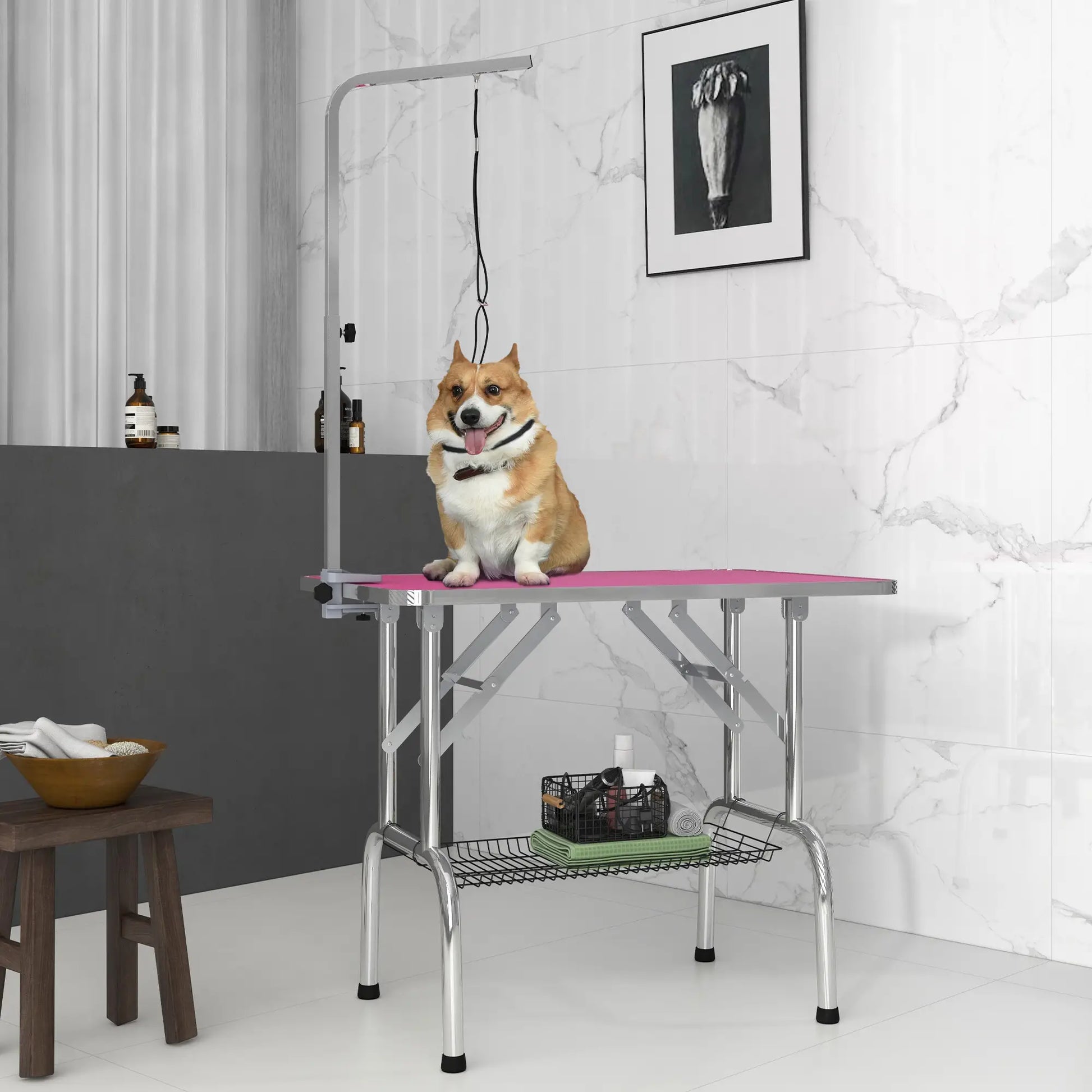 Foldable Dog Grooming Table, Height Adjustable Arm, Storage Shelf, Pink Dog Grooming Tables at Gallery Canada