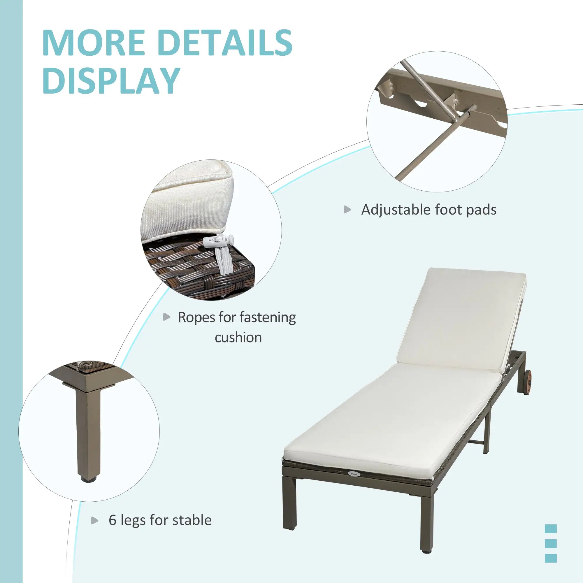 Rattan Sun Lounger, 4-Level Adjustable Backrest, Wheels, Cushion, Cream White Chaise Loungers at Gallery Canada