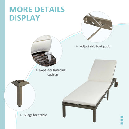 Rattan Sun Lounger, 4-Level Adjustable Backrest, Wheels, Cushion, Cream White Chaise Loungers at Gallery Canada