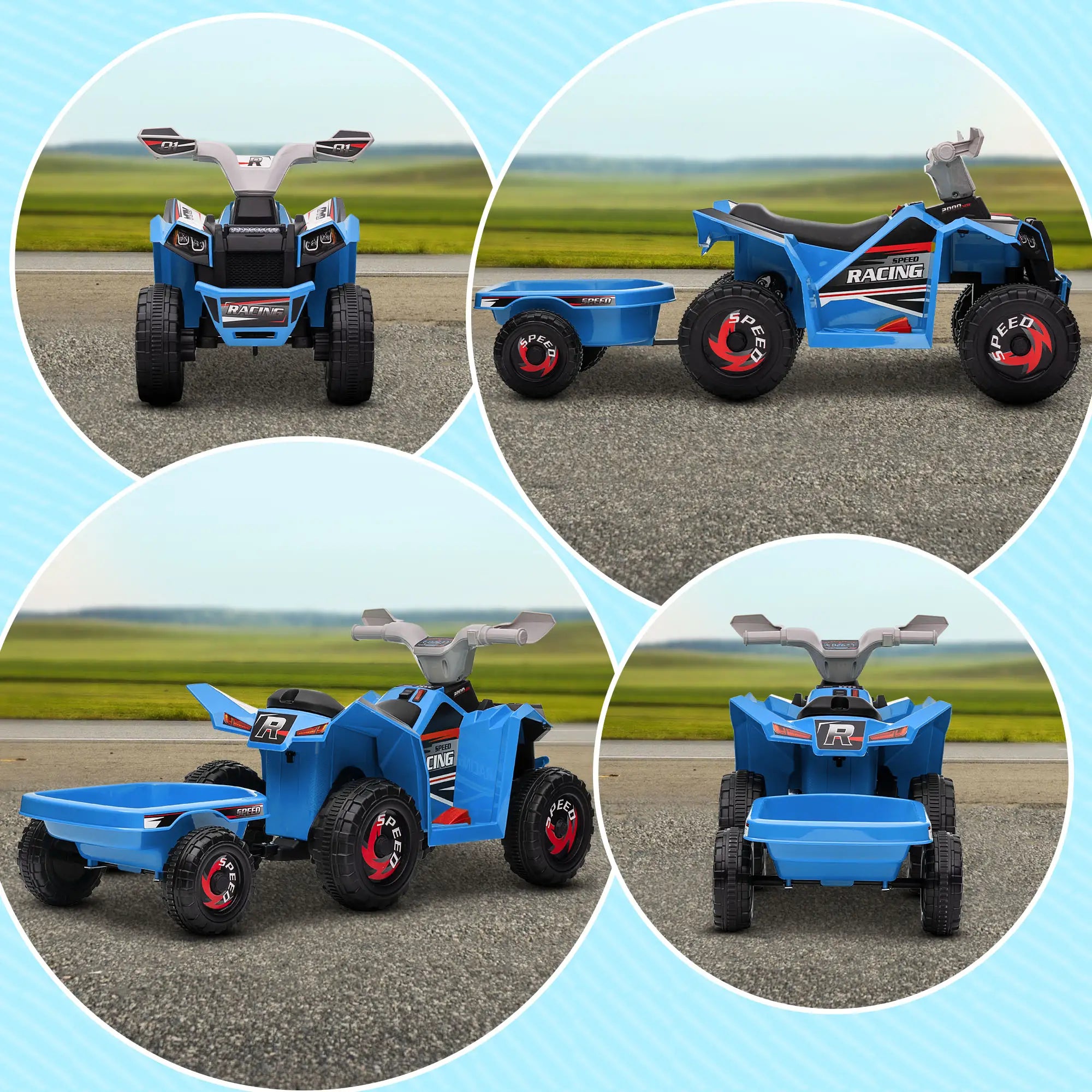 6V Kids ATV Quad, Battery Powered Electric Vehicle with Back Trailer, Wear-Resistant Wheels, Blue Electric Toy Cars at Gallery Canada