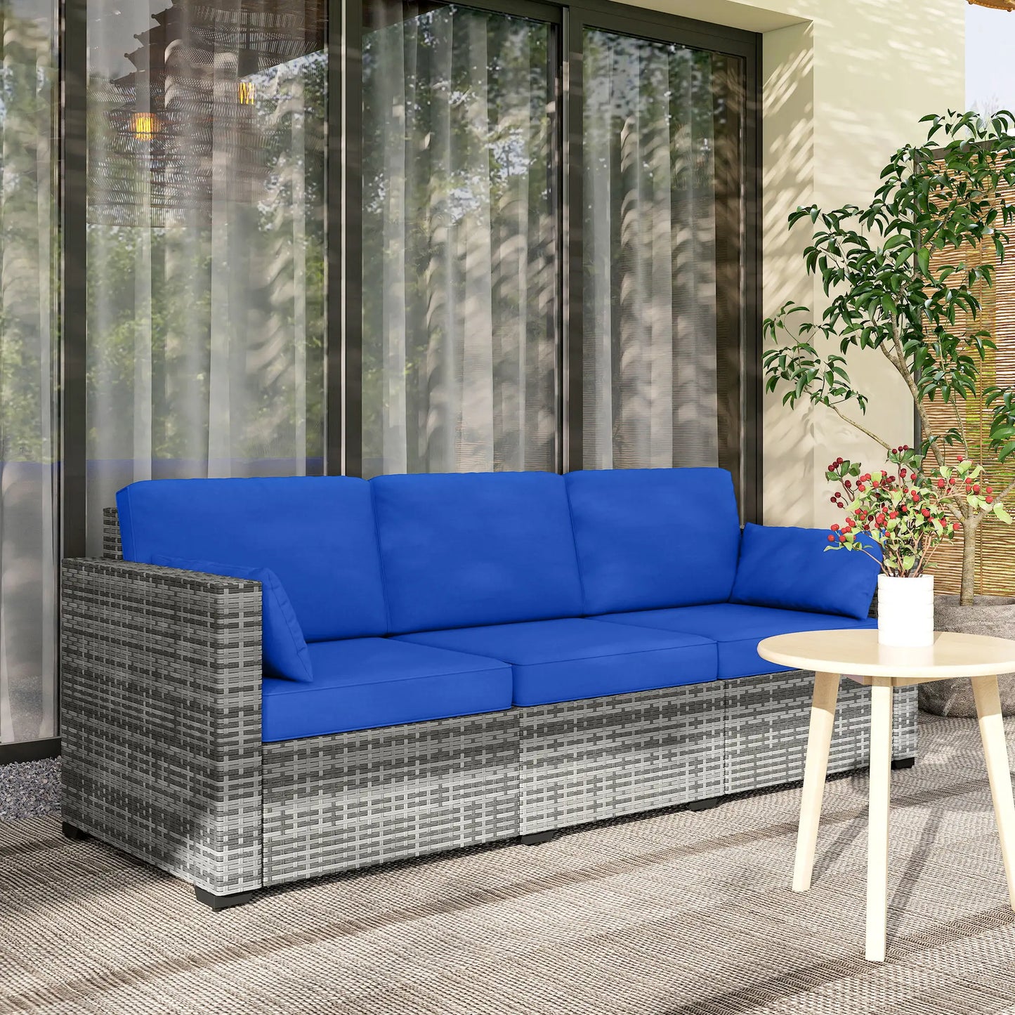 3-Seater Outdoor Sofa with Cushions, PE Rattan, Blue Patio Furniture Sets at Gallery Canada