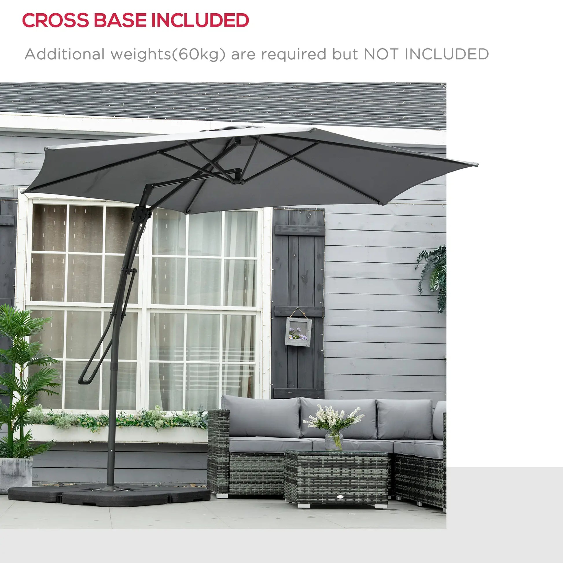 10ft Cantilever Patio Umbrella, Crank Handle, Cross Base, Dark Grey Sun Umbrellas at Gallery Canada