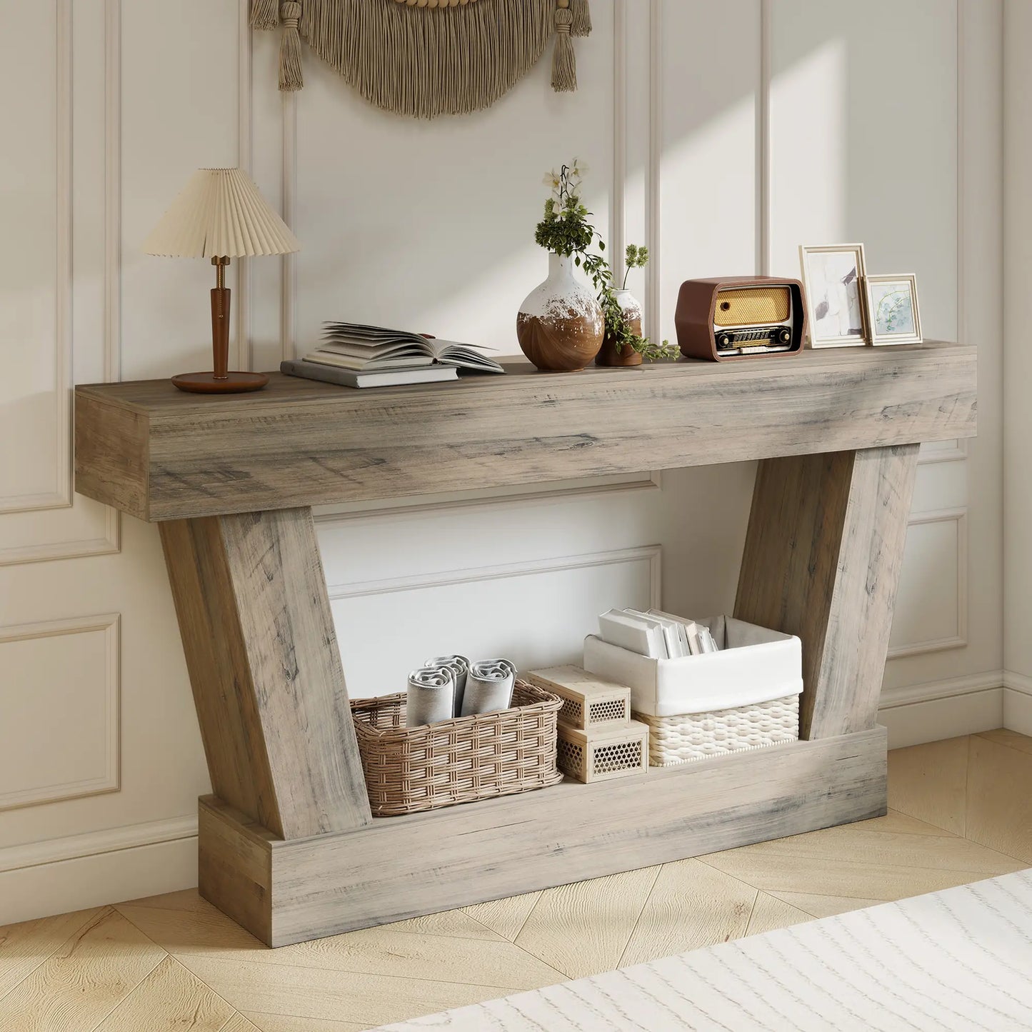 63 Inch Vintage Console Table, Narrow Entryway Table with Shelf, Light Brown Console Tables at Gallery Canada