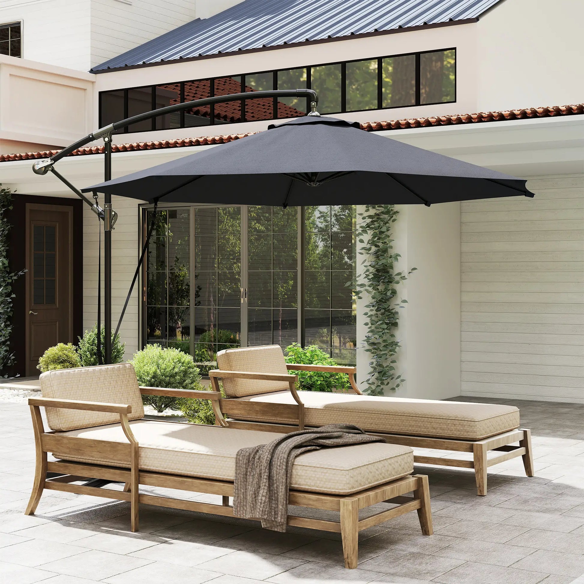 9.5' Cantilever Umbrella, Wind Protection, Crank, Cross Base, UPF 50+, Grey Offset Cantilever Umbrellas at Gallery Canada