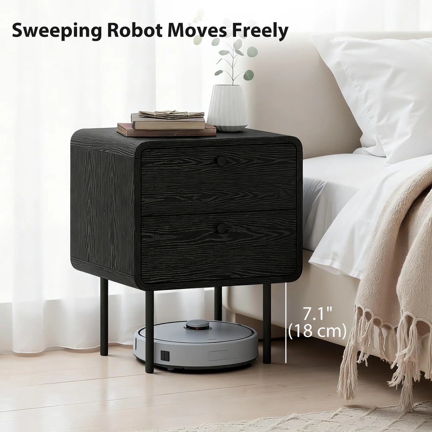 Modern Bedside Tables Set of 2, 2 Drawers, Steel Legs, Black Wood Grain, Black Bedside Tables at Gallery Canada