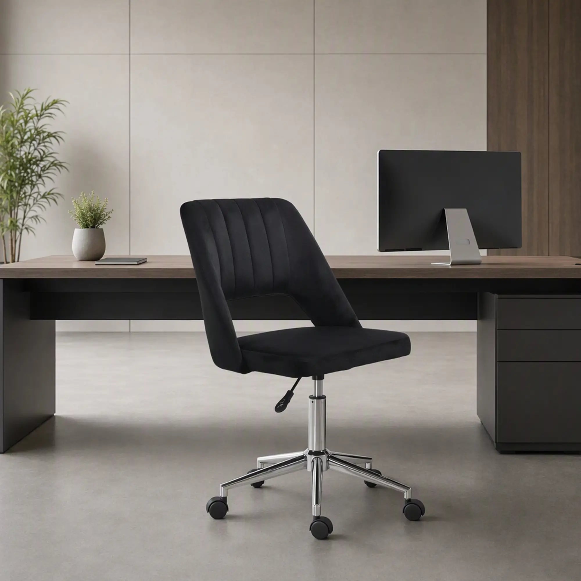 Mid Back Office Chair, Velvet Fabric, Swivel, Scallop Shape, Black Office Chairs at Gallery Canada