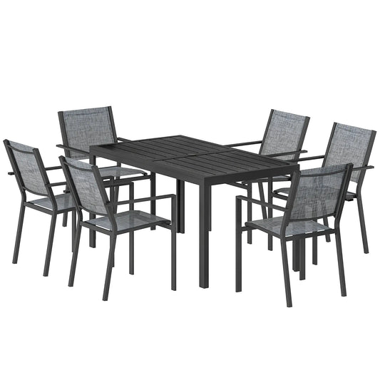Outdoor Dining Set For 6, Black Metal Patio Table, Mesh Stackable Chairs, Black Outdoor Dining Sets Black at Gallery Canada