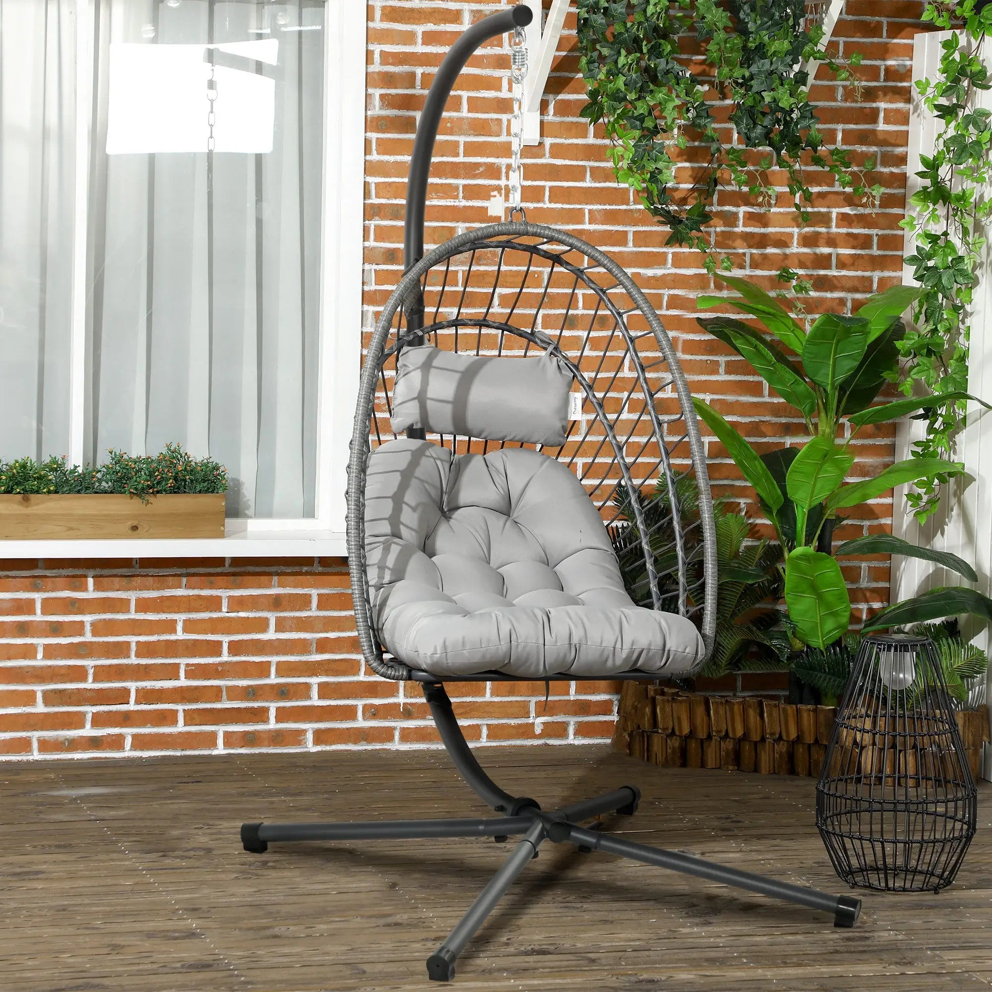 Hanging Egg Chair With Stand, Foldable Wicker Rattan Swing, Light Grey Patio Swings with Stand at Gallery Canada