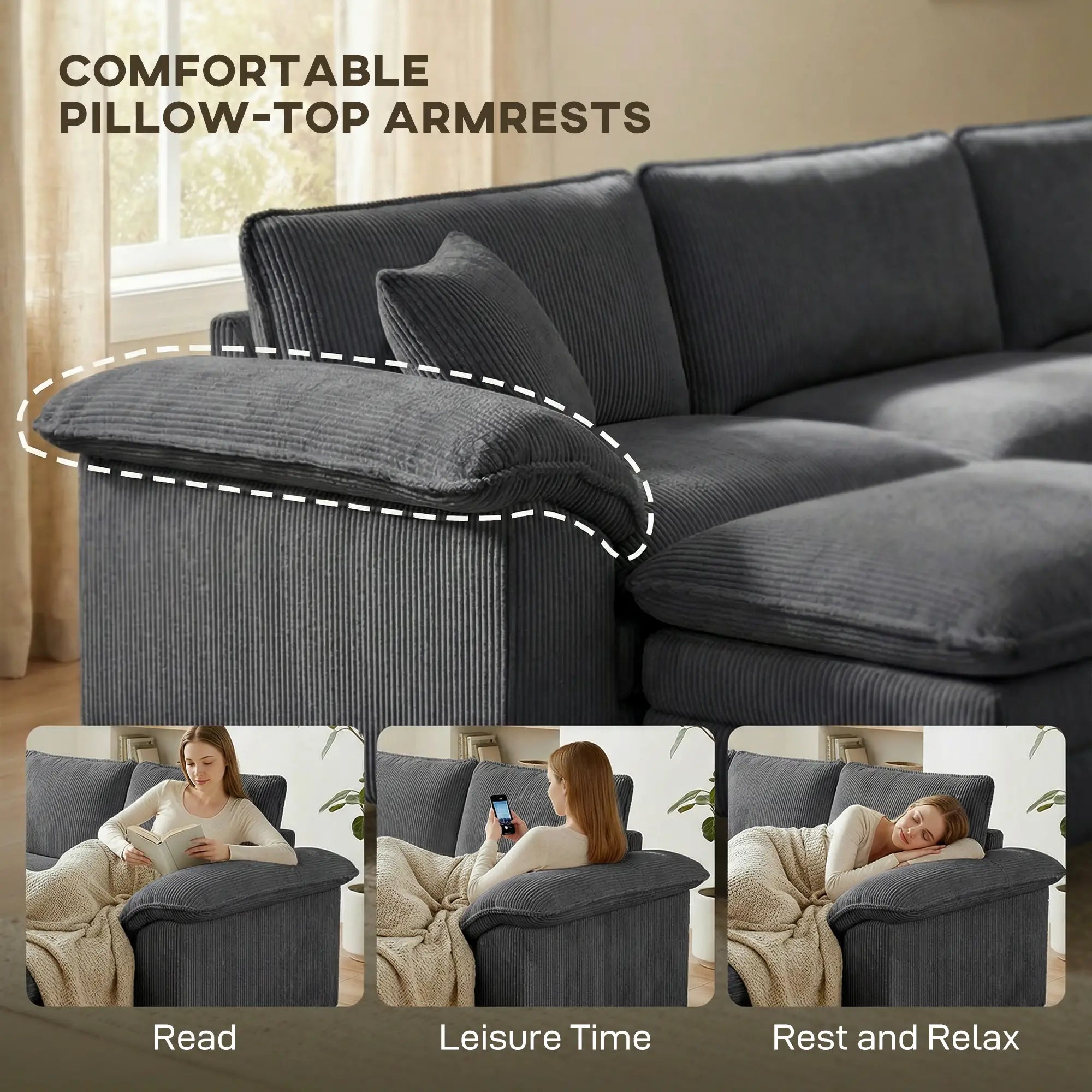 L-Shaped Sectional Sofa, Movable Ottoman, Pillow-Top Armrests, Dark Grey 3-Seater Sofas at Gallery Canada